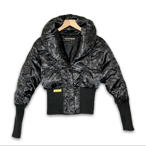 VINTAGE Y2K ROCAWEAR Black Shawl Collar Cropped Quilted Down Puffer Coat Size M - Picture 1 of 7